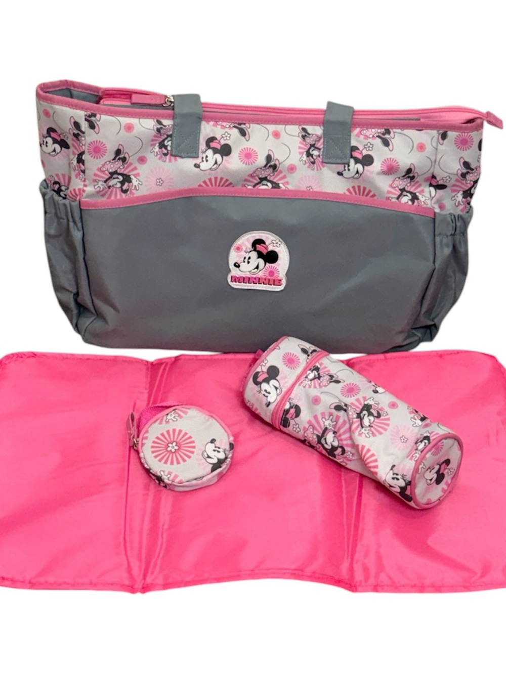 Disney Minnie Mouse Diaper Bag 4 Piece Set Gray Pink Tote Changing Pad Y2K